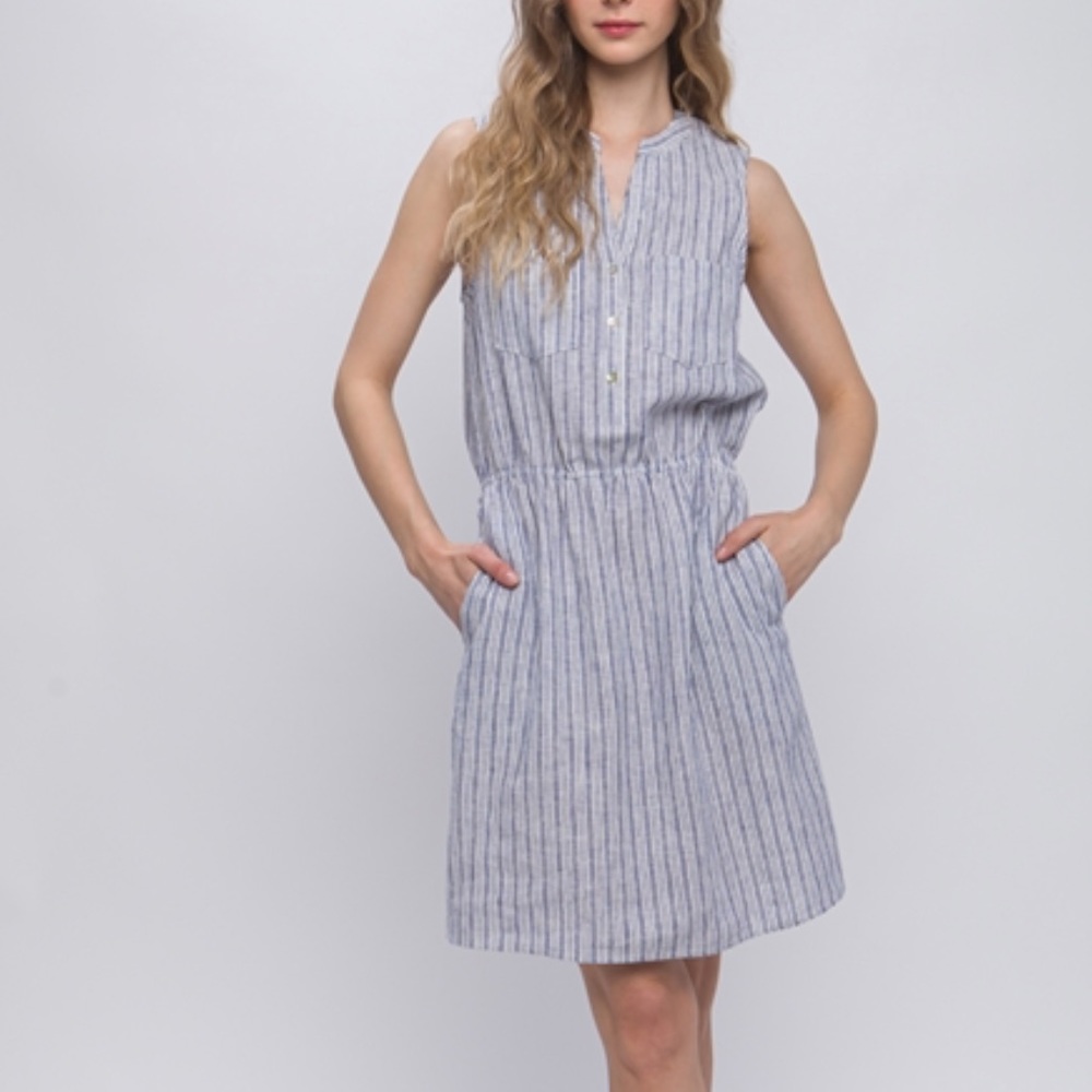 BLUE STRIPED LINEN DRESS - WITH POCKETS - Picture 4 of 4